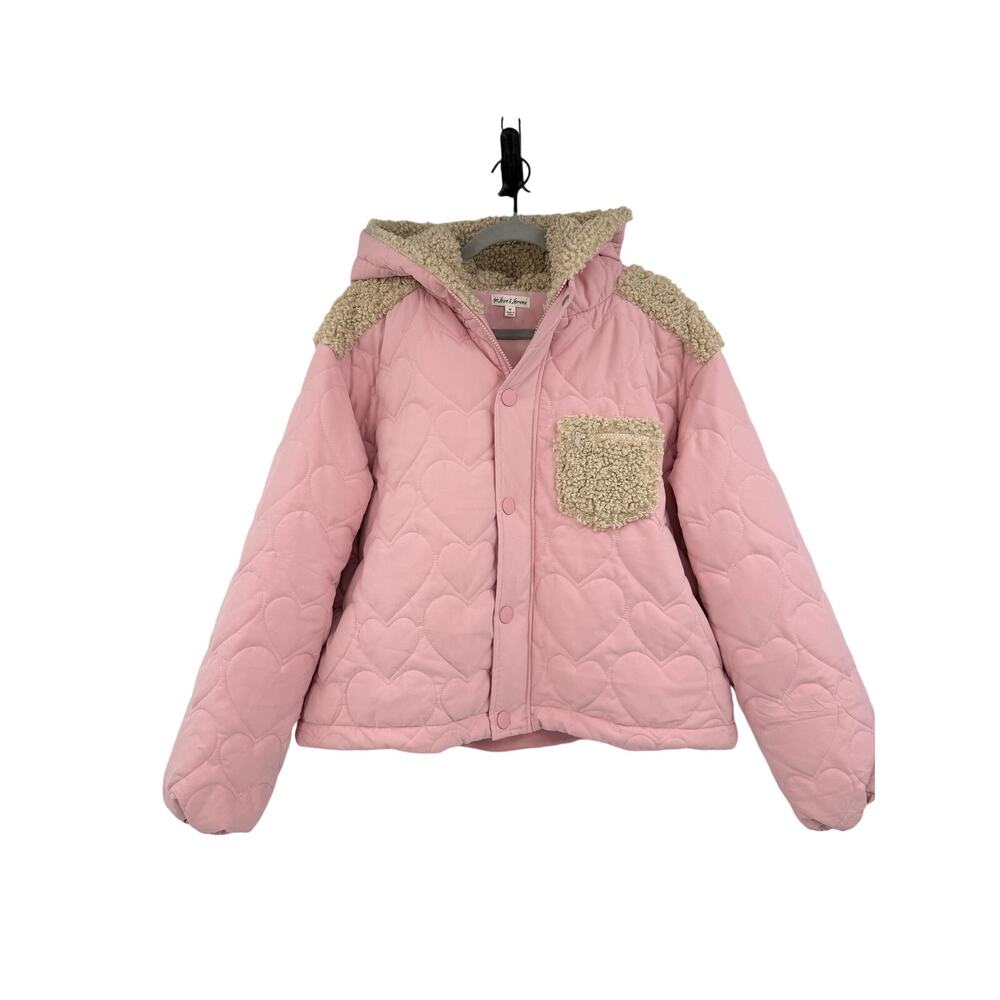 For Love And Lemons Jacket Pink Heart Puffer Coat Hooded Sherpa Trim Zip Up Sz M
